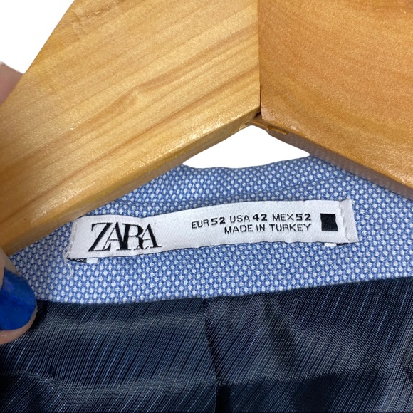 ZARA Cool Comfort Wool Blend Textured Woven Lined Preppy Suit Blazer Light Blue - Picture 11 of 16